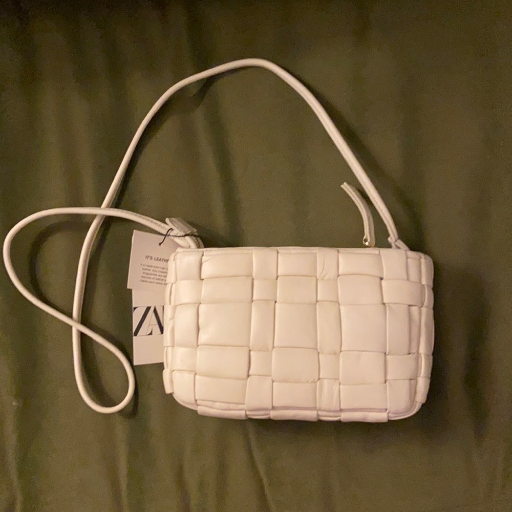 Zara White Leather Woven Crossbody